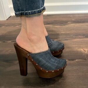 MIU MIU Made in Italy Denim Brown Platform Clogs Clog Heels Size 7
